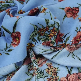 Ткань на отрез штапель К01 Цветы на голубом фото