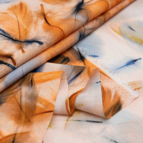 Ткань на отрез штапель 150 см 70623-2 Воздушные перья цвет оранжево-синий фото