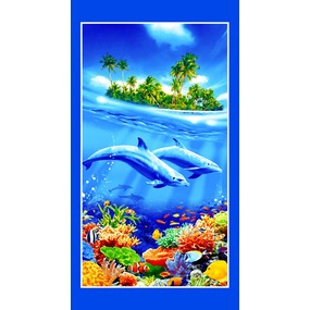 Ткань на отрез вафельное полотно набивное 150 см 326/1 Дельфины цвет голубой фото