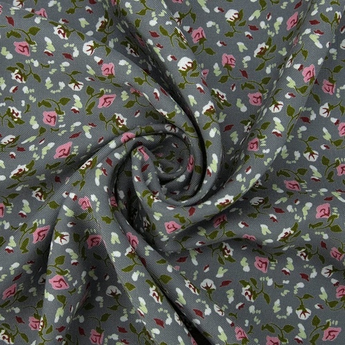 Ткань на отрез штапель 150 см 20015 Розовые цветы на сером фото 1