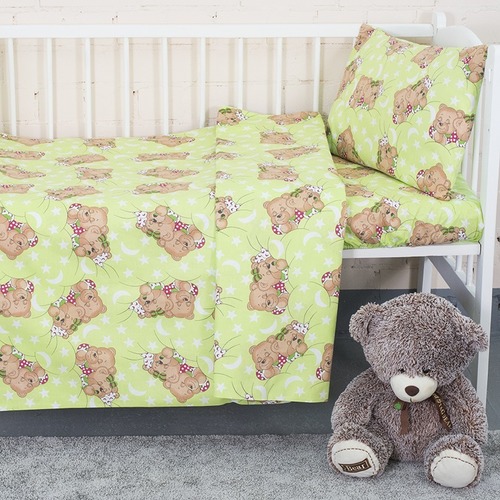 Постельное белье в детскую кроватку из бязи 1286/1 Соня зеленый с простыней на резинке фото 1