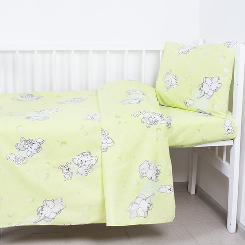 Постельное белье в детскую кроватку из бязи 1285/3 Мамонтенок зеленый с простыней на резинке фото 1