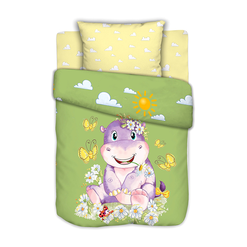 Постельное белье в детскую кроватку из сатина с простыней на резинке Бегемотик на полянке фото 1