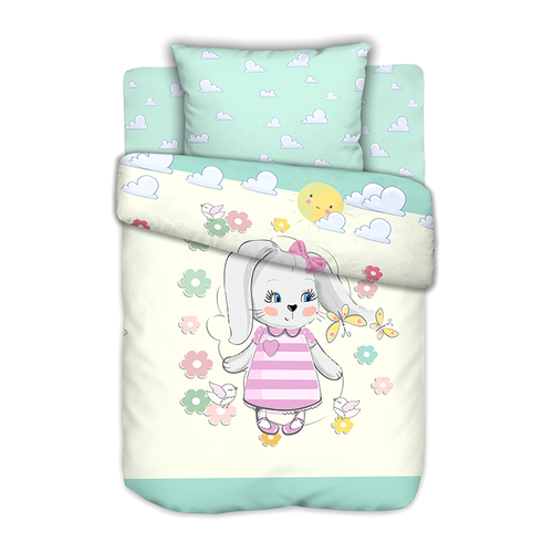 Постельное белье в детскую кроватку из сатина с простыней на резинке Зайка на полянке фото 1