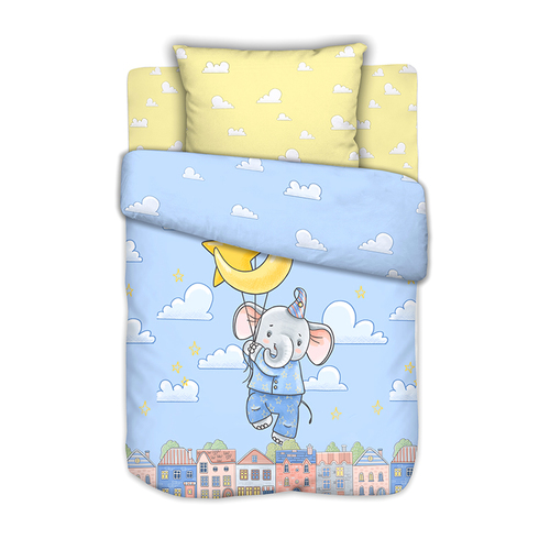 Постельное белье в детскую кроватку из сатина с простыней на резинке Слоненок в облаках на полянке фото 1