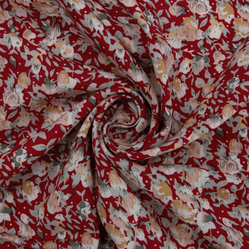 Ткань на отрез штапель 150 см 14556 Цветы на красном фото 1