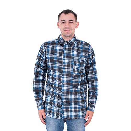 Рубашка мужская рукав длинный бязь набивная 44-46 Клетка Синяя фото 1