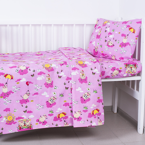 Постельное белье в детскую кроватку из бязи 317/2 Овечки розовый с простыней на резинке фото 1