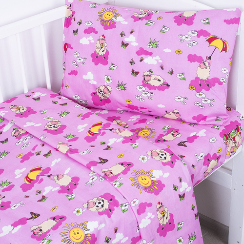 Постельное белье в детскую кроватку из бязи 317/2 Овечки розовый с простыней на резинке фото 4