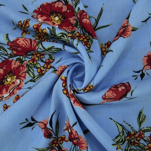 Ткань на отрез штапель К01 Цветы на голубом фото 1