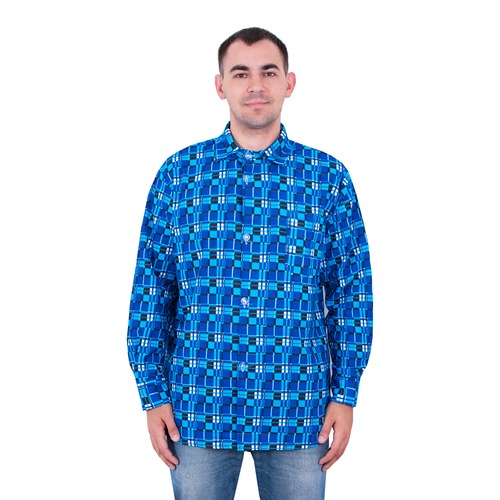 Рубашка мужская рукав длинный фланель набивная 64-66 Клетка Синяя фото 1