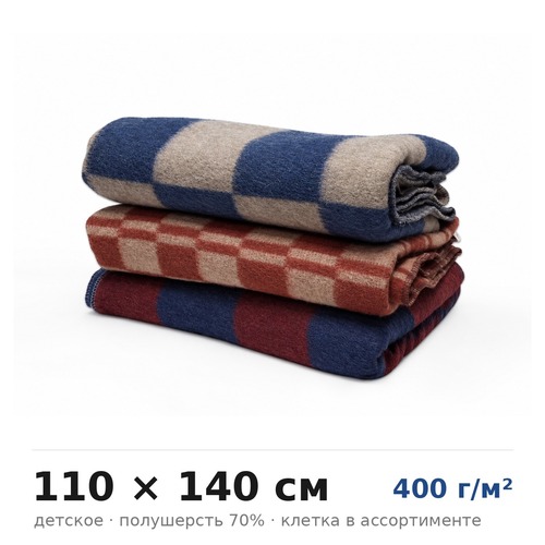 Одеяло п/ш Шуя 70% шерсть 110х140 детское 400г/м2 рисунок клетка в ассортименте фото 1