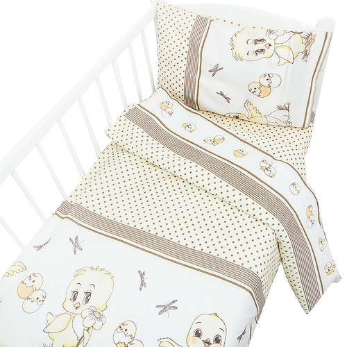 Постельное белье в детскую кроватку из бязи 8070/1 Цыплята бежевый с простыней на резинке фото 1