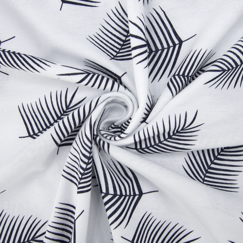 Ткань на отрез кулирка 1370-V3 Лист пальмы на белом фото 1