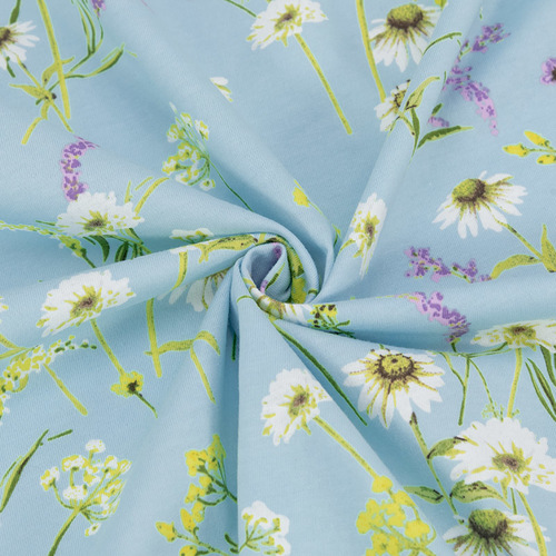 Ткань на отрез кулирка R10048-V2 Полевые цветы цвет голубой фото 1