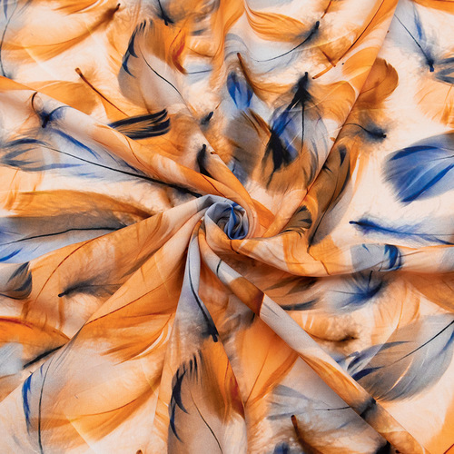 Ткань на отрез штапель 150 см 70623-2 Воздушные перья цвет оранжево-синий фото 1