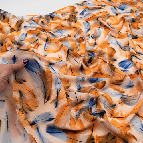 Ткань на отрез штапель 150 см 70623-2 Воздушные перья цвет оранжево-синий фото 5
