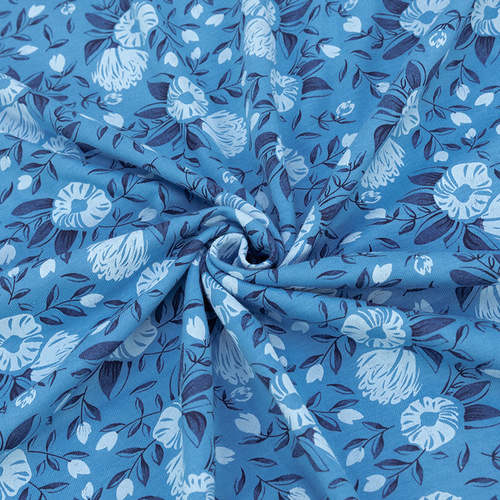 Ткань на отрез кулирка 3318-V6 Цветы на голубом фото 1