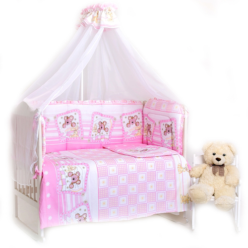 Набор в кроватку 7 предметов с оборками Лежебоки цвет розовый фото 1