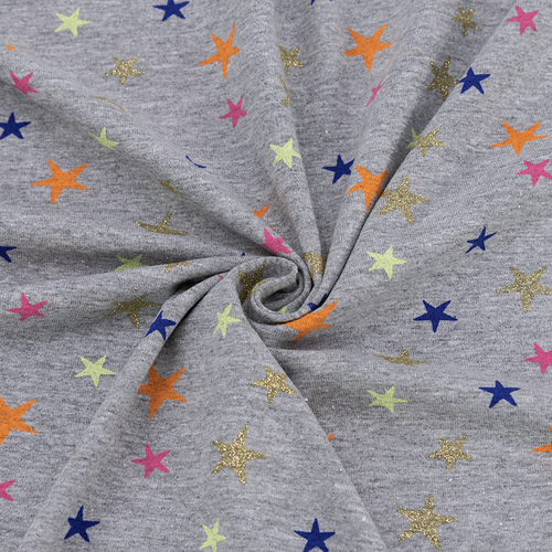 Ткань на отрез кулирка лайкра с глиттером Звезды радужные R332 фото 1