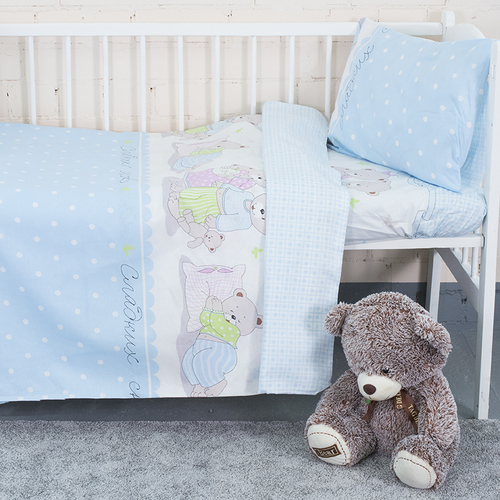 Постельное белье в детскую кроватку из поплина 1703/1 голубой с простыней на резинке фото 1