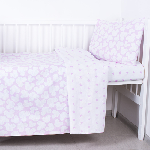 Постельное белье в детскую кроватку из бязи 105 Микки розовый с простыней на резинке фото 1