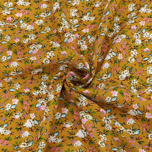 Ткань на отрез штапель 150 см 1257-1 Цветы на горчичном фото 1