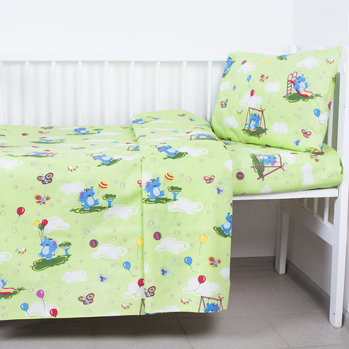 Постельное белье в детскую кроватку из бязи 315/3 Слоники с шариками зеленый с простыней на резинке фото 1