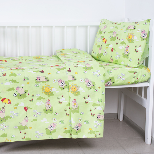 Постельное белье в детскую кроватку из бязи 317/3 Овечки зеленый с простыней на резинке фото 1