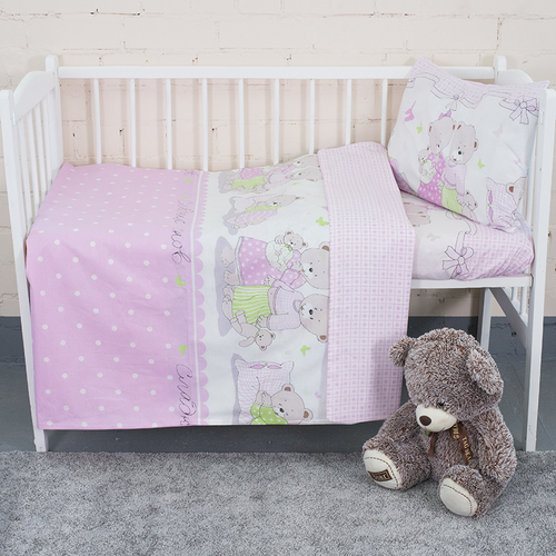 Постельное белье в детскую кроватку из поплина 1703/4 розовый с простыней на резинке фото 4