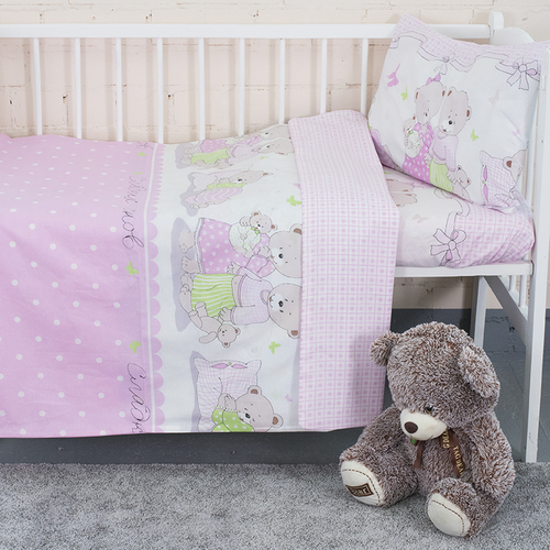 Постельное белье в детскую кроватку из поплина 1703/4 розовый с простыней на резинке фото 1