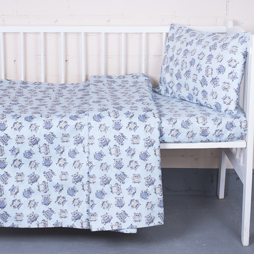 Постельное белье в детскую кроватку из поплина 1769/6 голубой с простыней на резинке фото 1